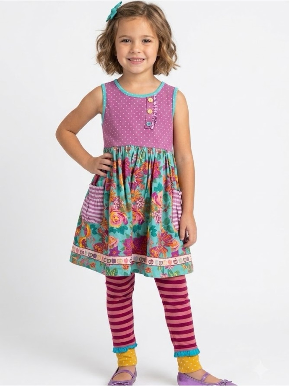 Matilda Jane Floral Kids Dress with Polka dot leggings set